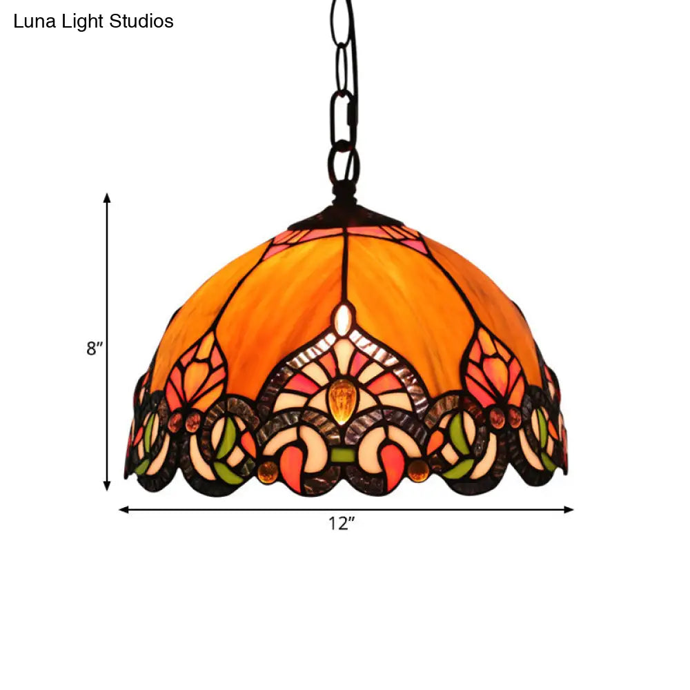 Victorian Domed Ceiling Pendant With 1 Light: Elegant Orange Cut Glass Hanging Light Kit For Living