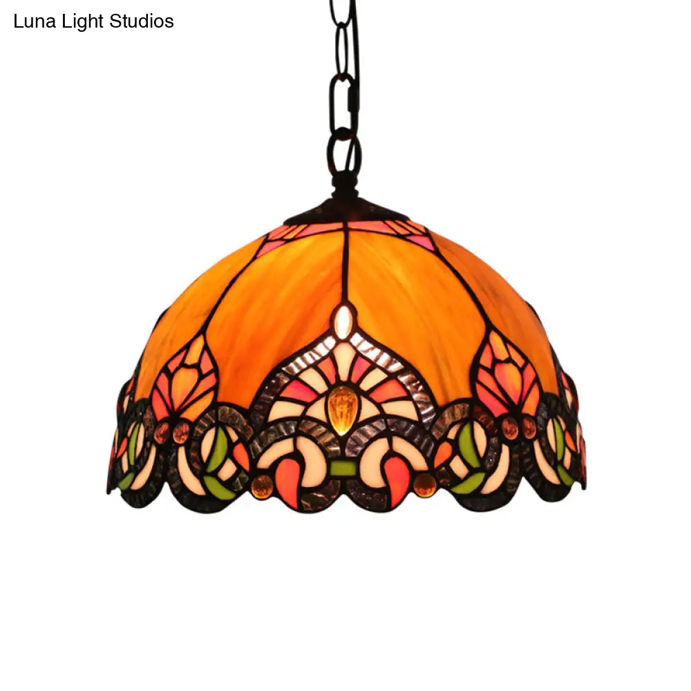 Victorian Domed Ceiling Pendant With 1 Light: Elegant Orange Cut Glass Hanging Light Kit For Living