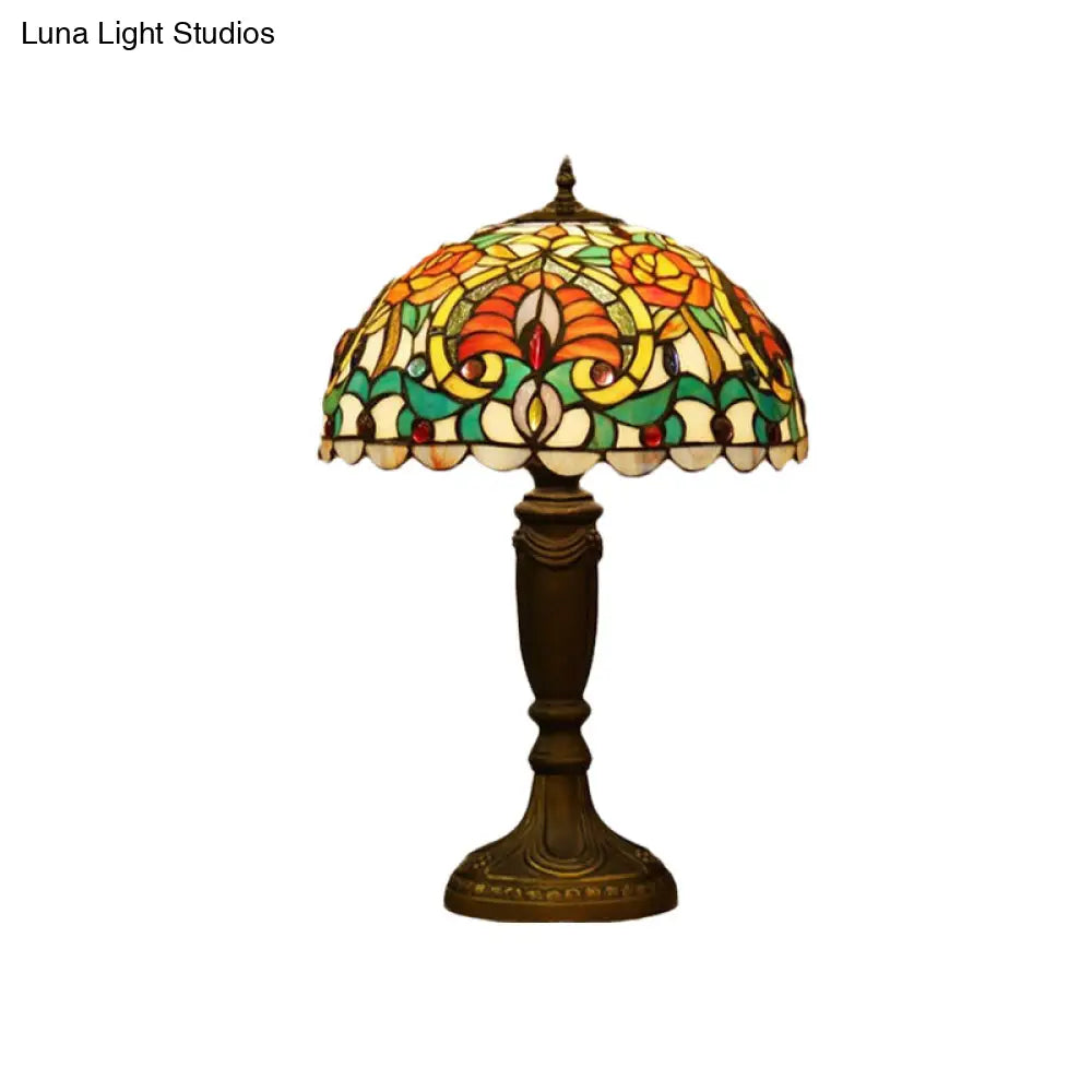 Victorian Domed Cut Glass Night Table Light - Beige/Orange Floral Desk Lamp