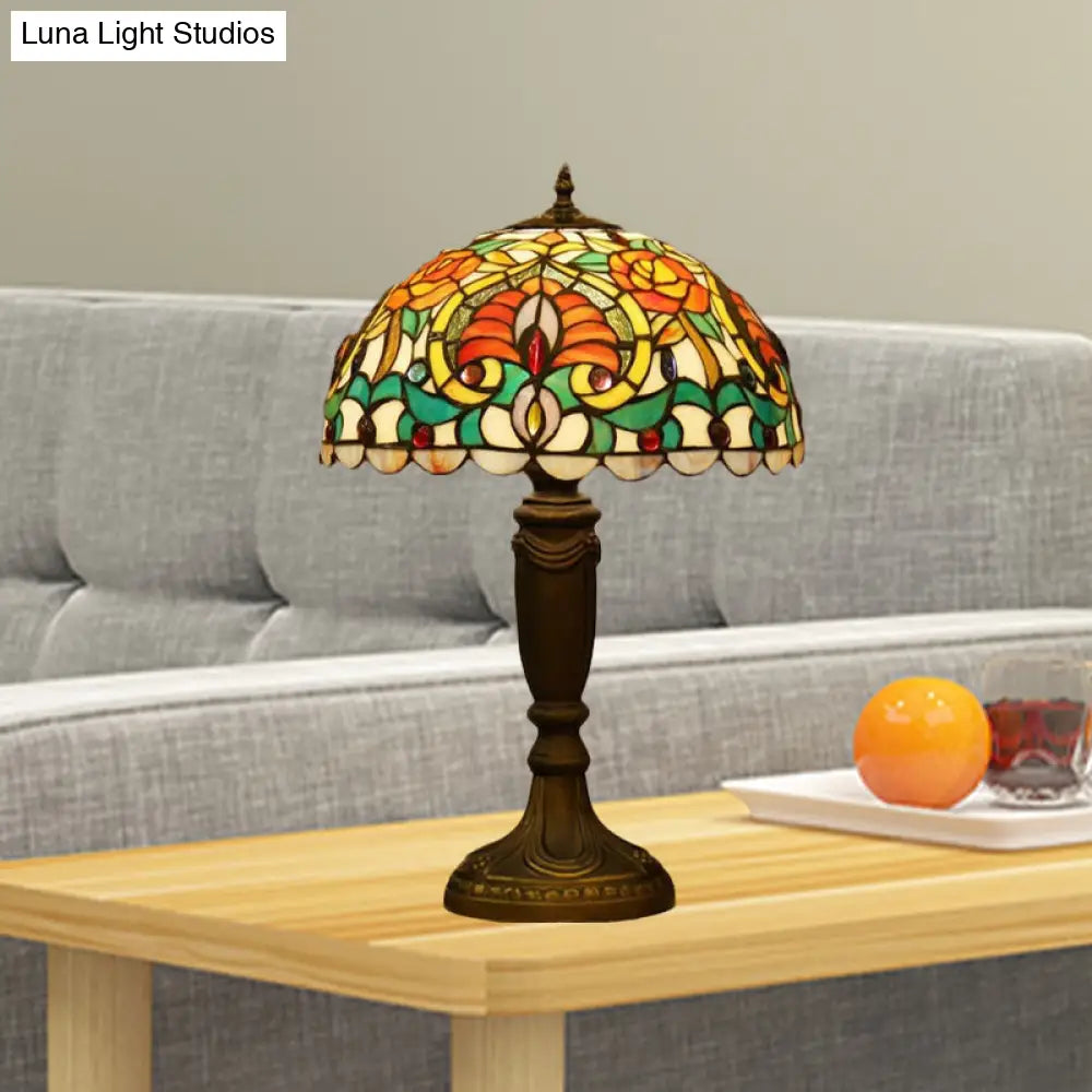 Victorian Domed Cut Glass Night Table Light - Beige/Orange Floral Desk Lamp