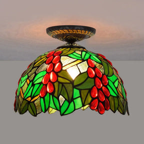Victorian Domed Flush Ceiling Light - Brass With Grape Pattern 12’/16.5’ Width Stained Glass 1