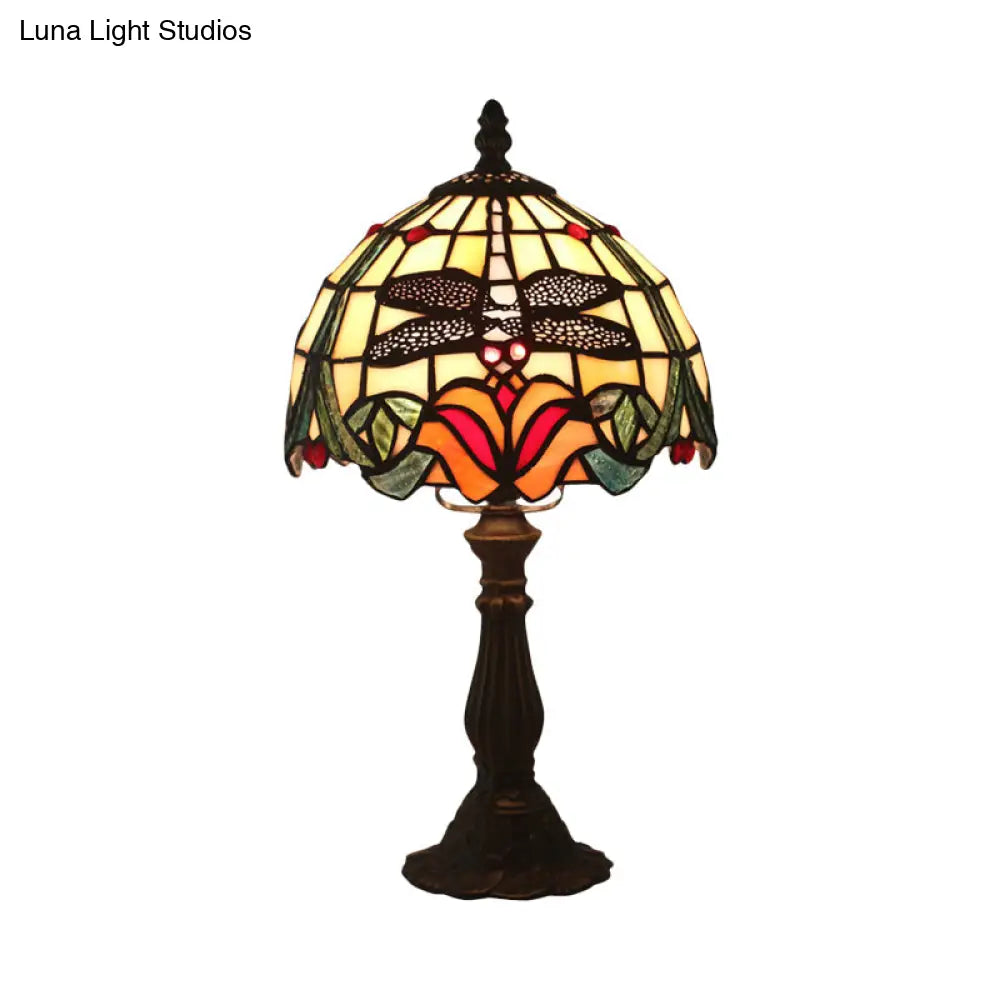 Victorian Dragonfly And Floral Patterned Table Lamp - Stained Glass Red/Orange Dome Shade With