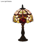 Victorian Dragonfly And Floral Patterned Table Lamp - Stained Glass Red/Orange Dome Shade With