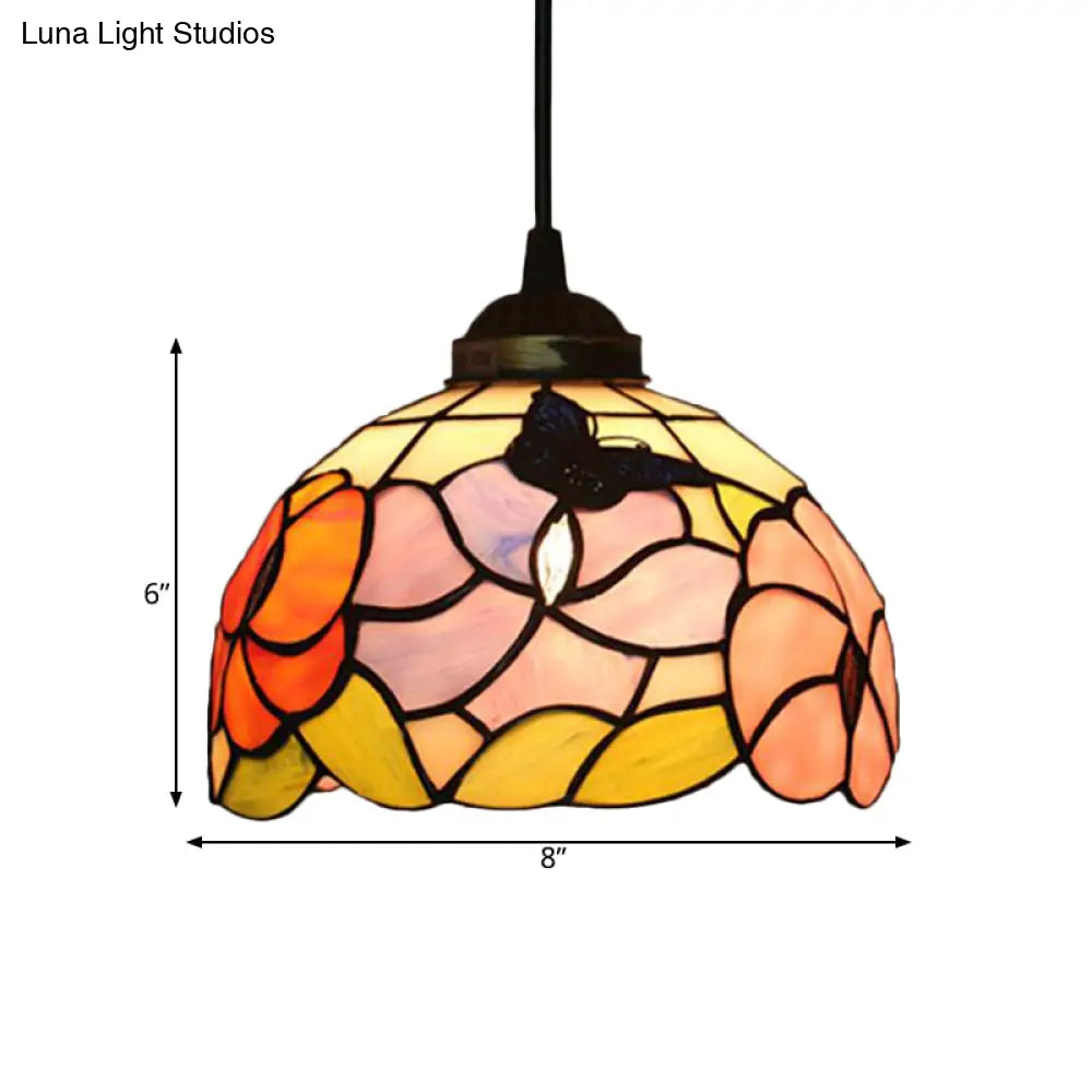 Victorian Floral Ceiling Pendant Light Fixture For Dining Room - Beige/Red/Pink Cut Glass Hanging