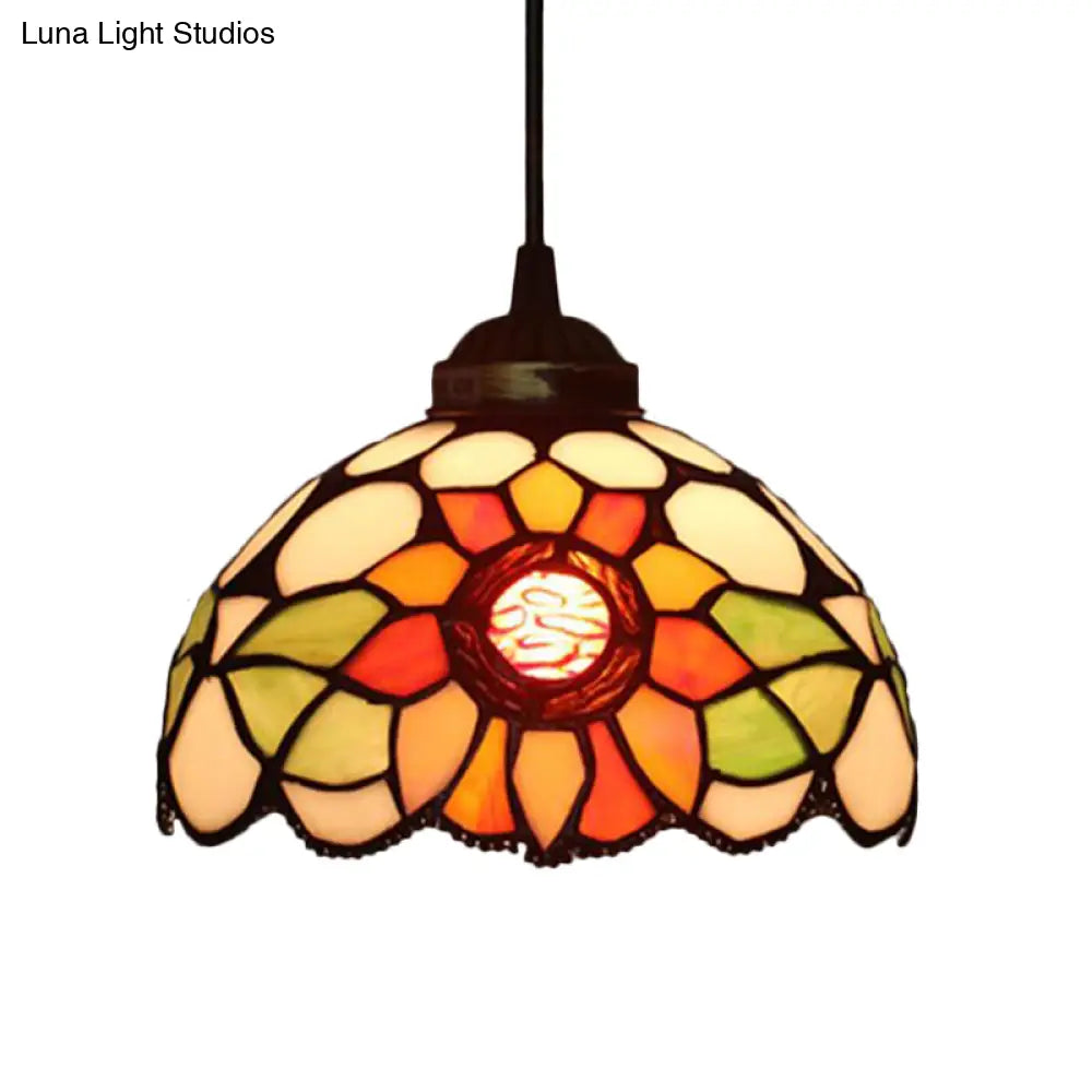 Victorian Floral Ceiling Pendant Light Fixture For Dining Room - Beige/Red/Pink Cut Glass Hanging