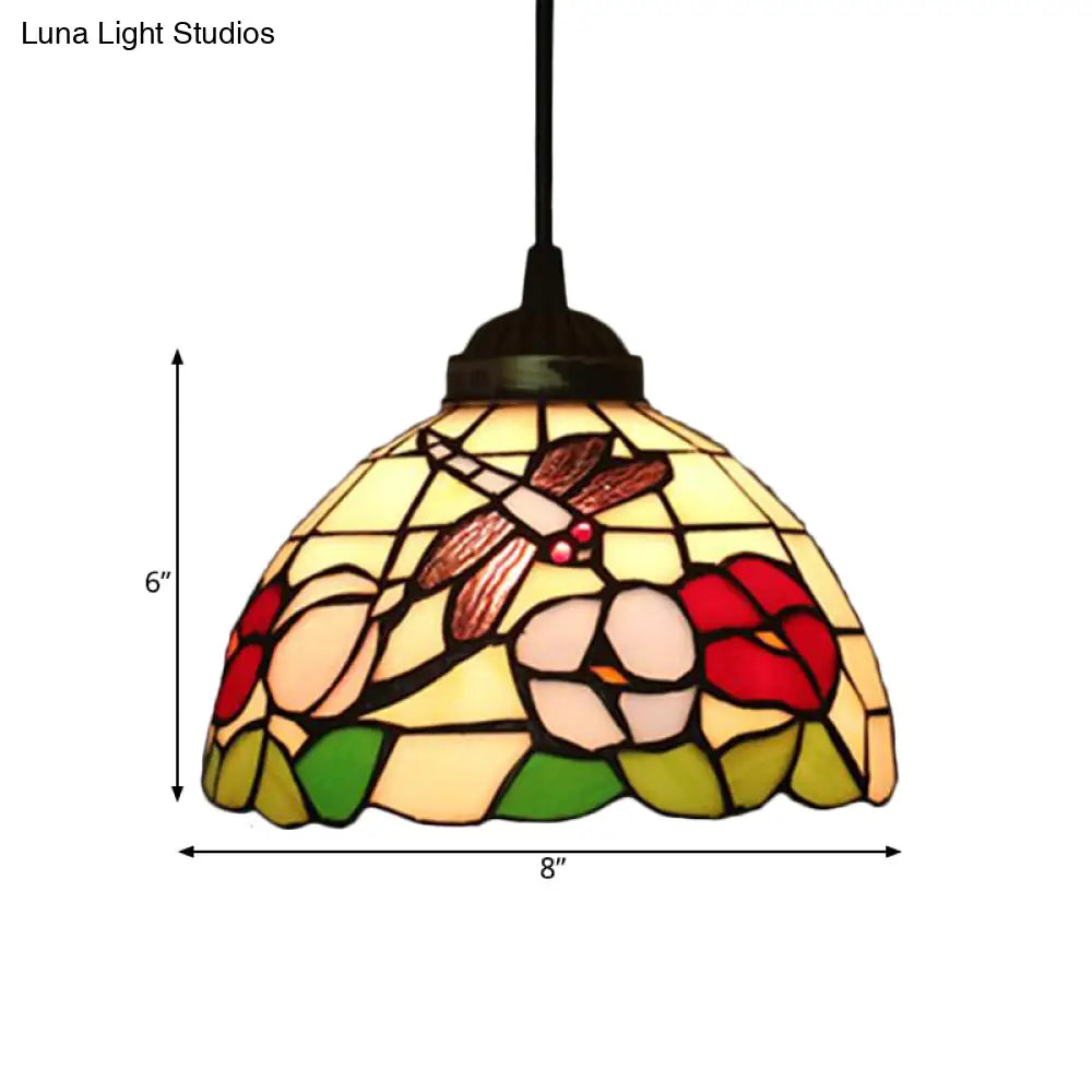 Victorian Floral Ceiling Pendant Light Fixture For Dining Room - Beige/Red/Pink Cut Glass Hanging