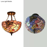 Victorian Floral Semi Flush Led Ceiling Light With Stained Glass Shade - 12’ W