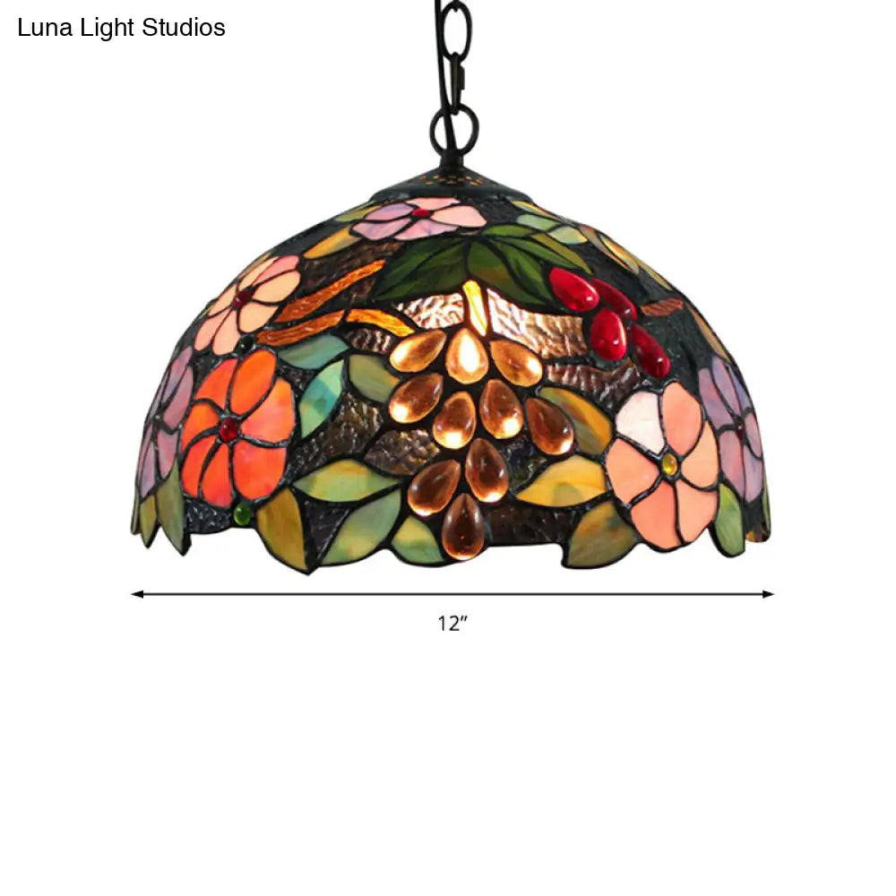 Victorian Flower Ceiling Lamp - Handcrafted Art Glass Pendant Light Black 1 Bulb 12’/16’ Wide
