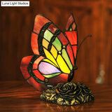 Victorian Flower Resin Table Lamp With Butterfly Cut Glass Shade - Red Night Light
