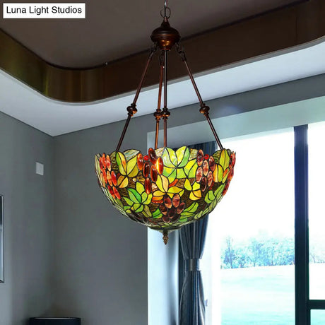 Victorian Green Ceiling Pendant Chandelier With Stained Glass Shade - 2/3 Lights