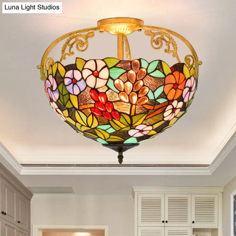 Victorian Green Floral Ceiling Light With Cut Glass - 3 Semi Mount Lights For Bedroom