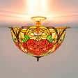 Victorian Hand Rolled Art Glass Rose Semi Flush Mount Ceiling Light With Brass Finish - 5 Bulbs