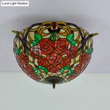 Victorian Hand Rolled Art Glass Rose Semi Flush Mount Ceiling Light With Brass Finish - 5 Bulbs
