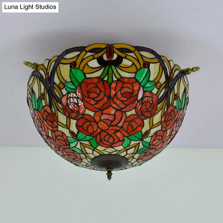 Victorian Hand Rolled Art Glass Rose Semi Flush Mount Ceiling Light With Brass Finish - 5 Bulbs