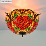 Victorian Hand Rolled Art Glass Rose Semi Flush Mount Ceiling Light With Brass Finish - 5 Bulbs