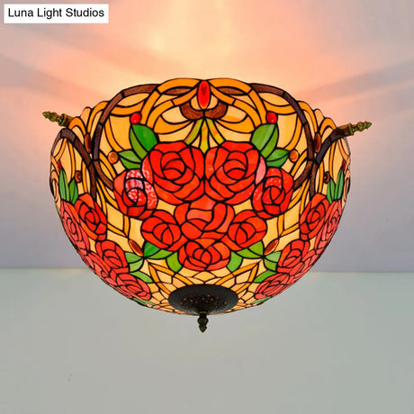 Victorian Hand Rolled Art Glass Rose Semi Flush Mount Ceiling Light With Brass Finish - 5 Bulbs