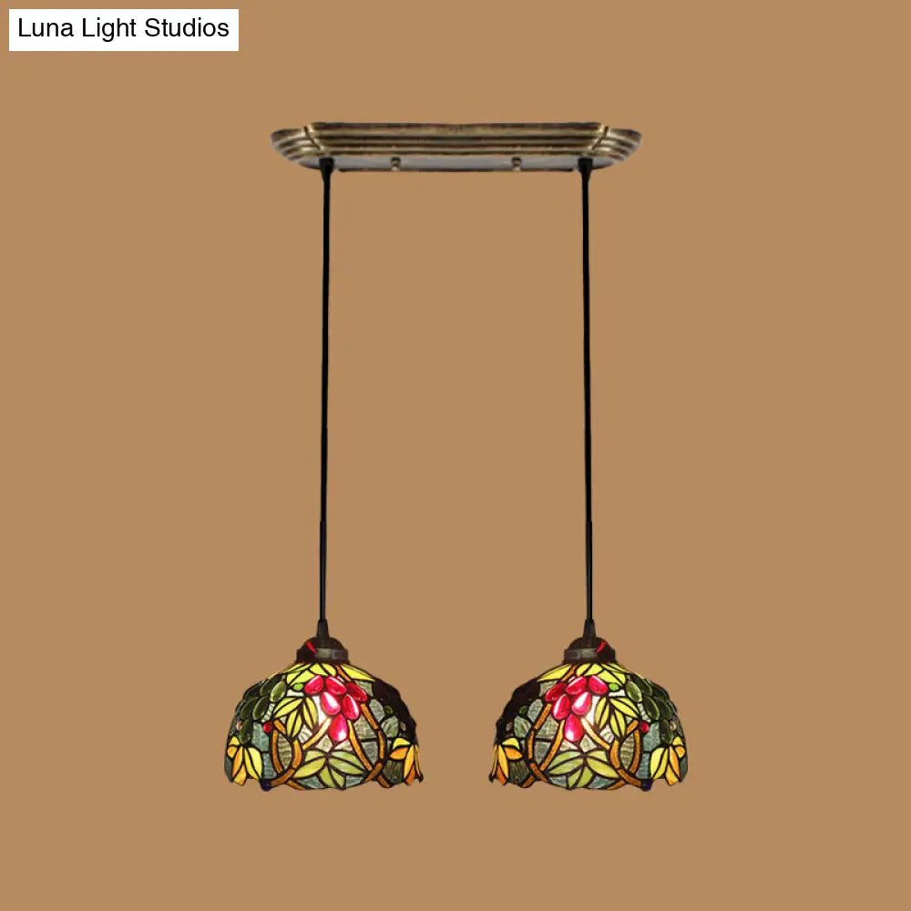 Victorian Hanging Light Fixture - Green Stained Glass Barrel Pendant With Grapevine Pattern