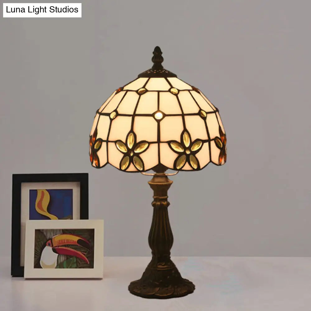 Victorian Lattice Glass Table Lamp - White Bowl Design 1 Light Red/Yellow/Blue Floral Pattern