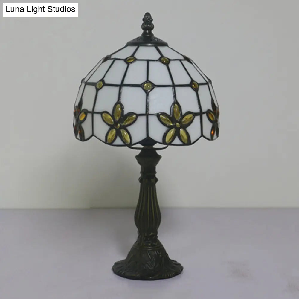 Victorian Lattice Glass Table Lamp - White Bowl Design 1 Light Red/Yellow/Blue Floral Pattern