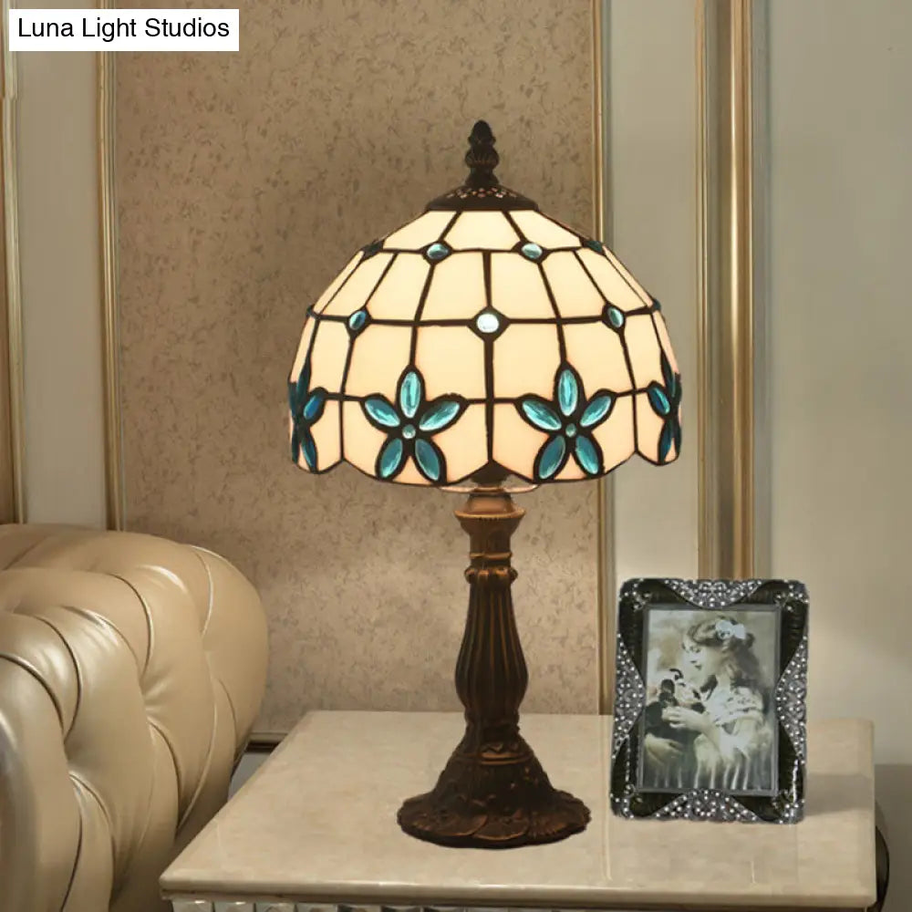 Victorian Lattice Glass Table Lamp - White Bowl Design 1 Light Red/Yellow/Blue Floral Pattern