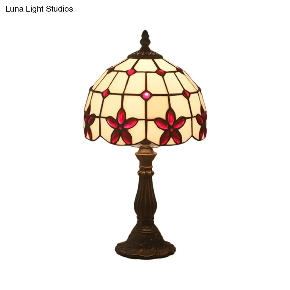 Victorian Lattice Glass Table Lamp - White Bowl Design 1 Light Red/Yellow/Blue Floral Pattern