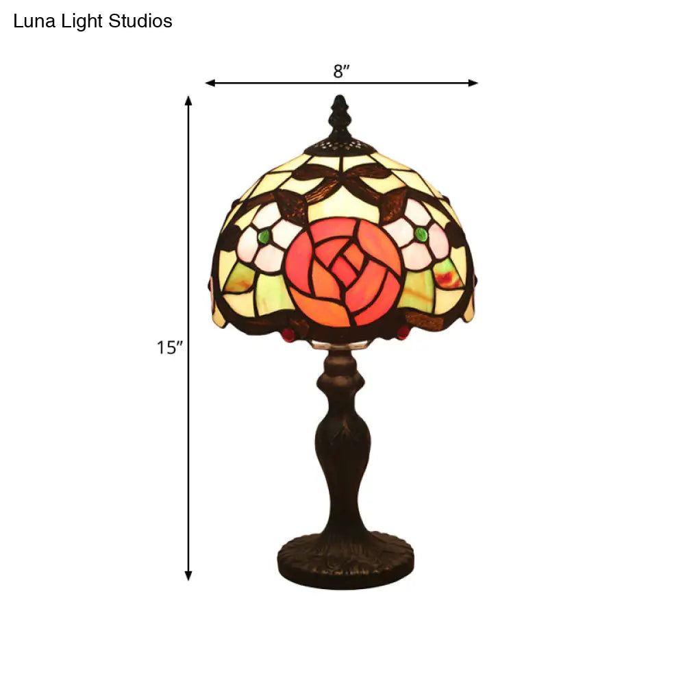 Victorian Rose Patterned 1 Head Desk Lamp In Bronze With Cut Glass Dome Shade