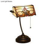 Victorian Stained Art Glass Table Lamp With Pull Chain