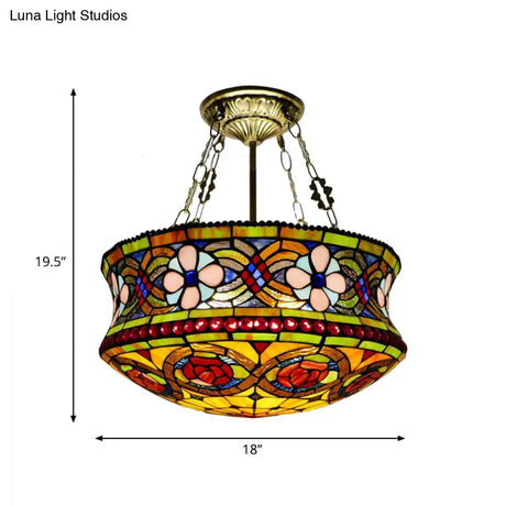 Victorian Stained Glass 5 - Light Semi Mount Ceiling Fixture For Bedroom - Brown