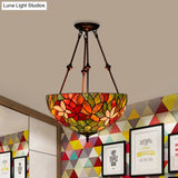 Victorian Stained Glass Ceiling Light With 3 Blossom Semi-Flush Mount Lights In Red/Orange/Green