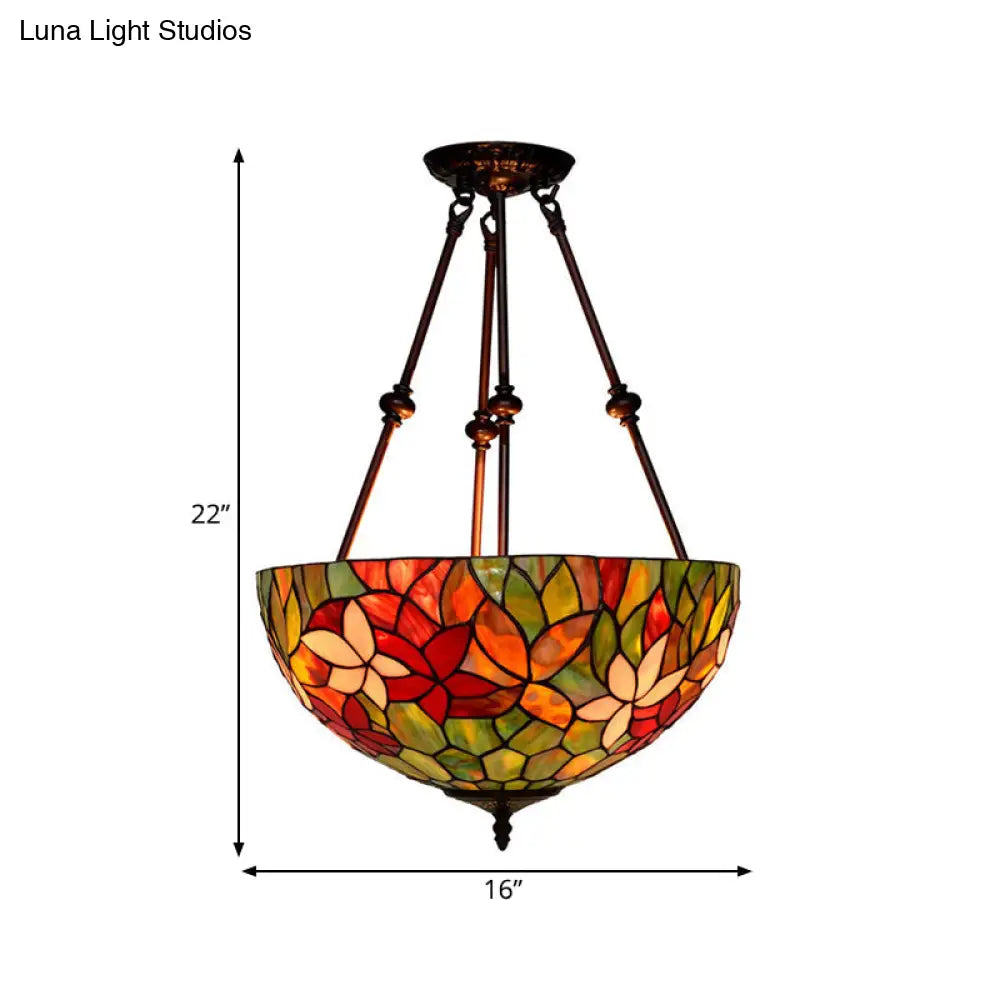 Victorian Stained Glass Ceiling Light With 3 Blossom Semi-Flush Mount Lights In Red/Orange/Green