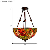 Victorian Stained Glass Ceiling Light With 3 Blossom Semi-Flush Mount Lights In Red/Orange/Green