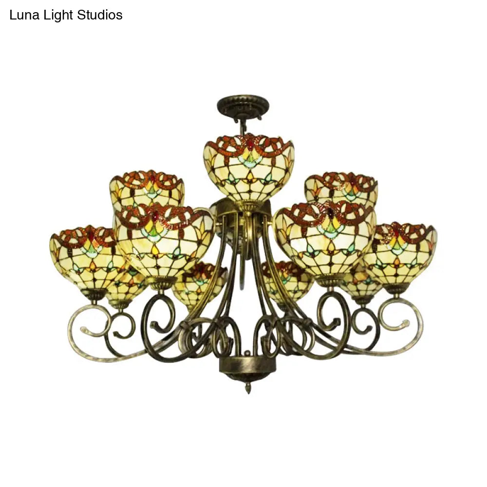 Victorian Stained Glass Chandelier In Brown/Blue For Hotel