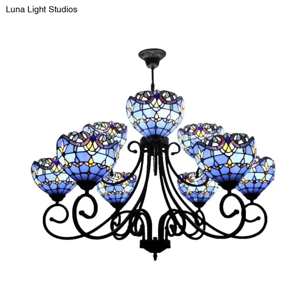 Victorian Stained Glass Chandelier In Brown/Blue For Hotel