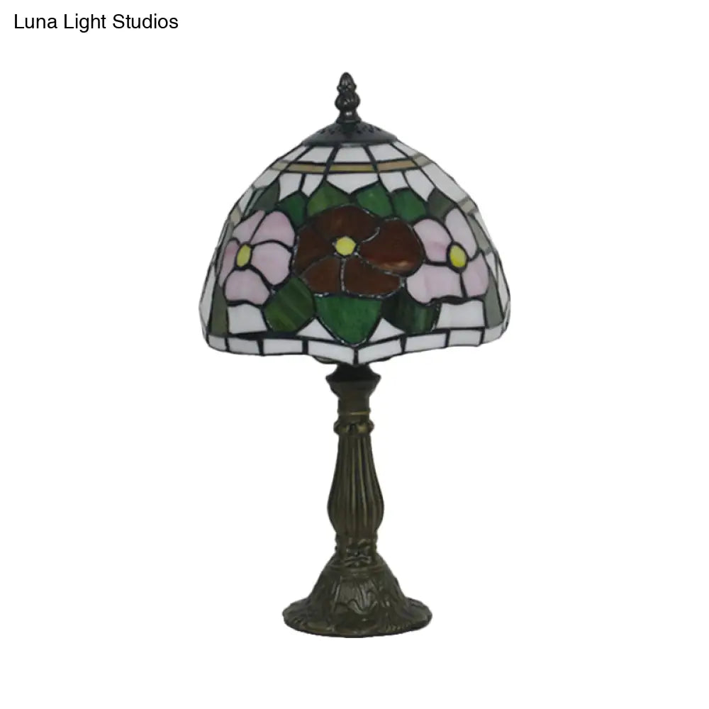 Victorian Stained Glass Pink/Purple Rose Night Lamp With Dome Shade - 1 Light Table Lighting