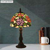 Victorian Stained Glass Pink/Purple Rose Night Lamp With Dome Shade - 1 Light Table Lighting