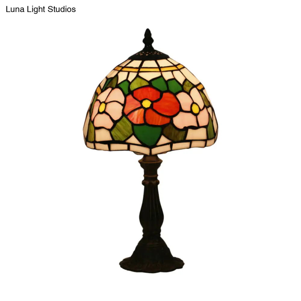 Victorian Stained Glass Pink/Purple Rose Night Lamp With Dome Shade - 1 Light Table Lighting