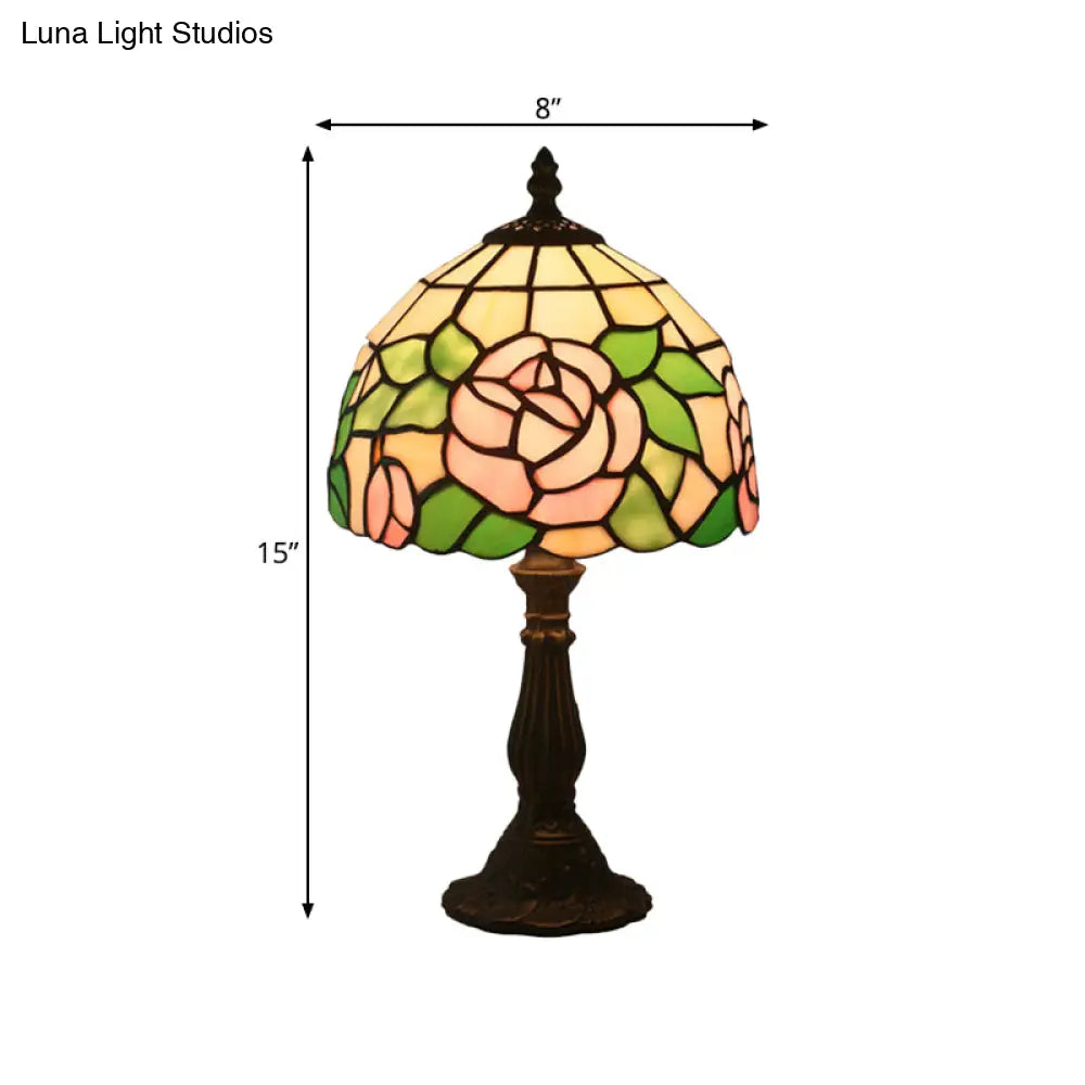 Victorian Stained Glass Pink/Purple Rose Night Lamp With Dome Shade - 1 Light Table Lighting