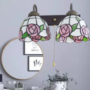 Victorian Stained Glass Wall Light Fixture With Pull Chain Switch - Pink Rose 2-Head Black Sconce