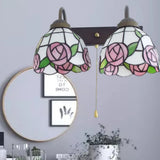 Victorian Stained Glass Wall Light Fixture With Pull Chain Switch - Pink Rose 2-Head Black Sconce