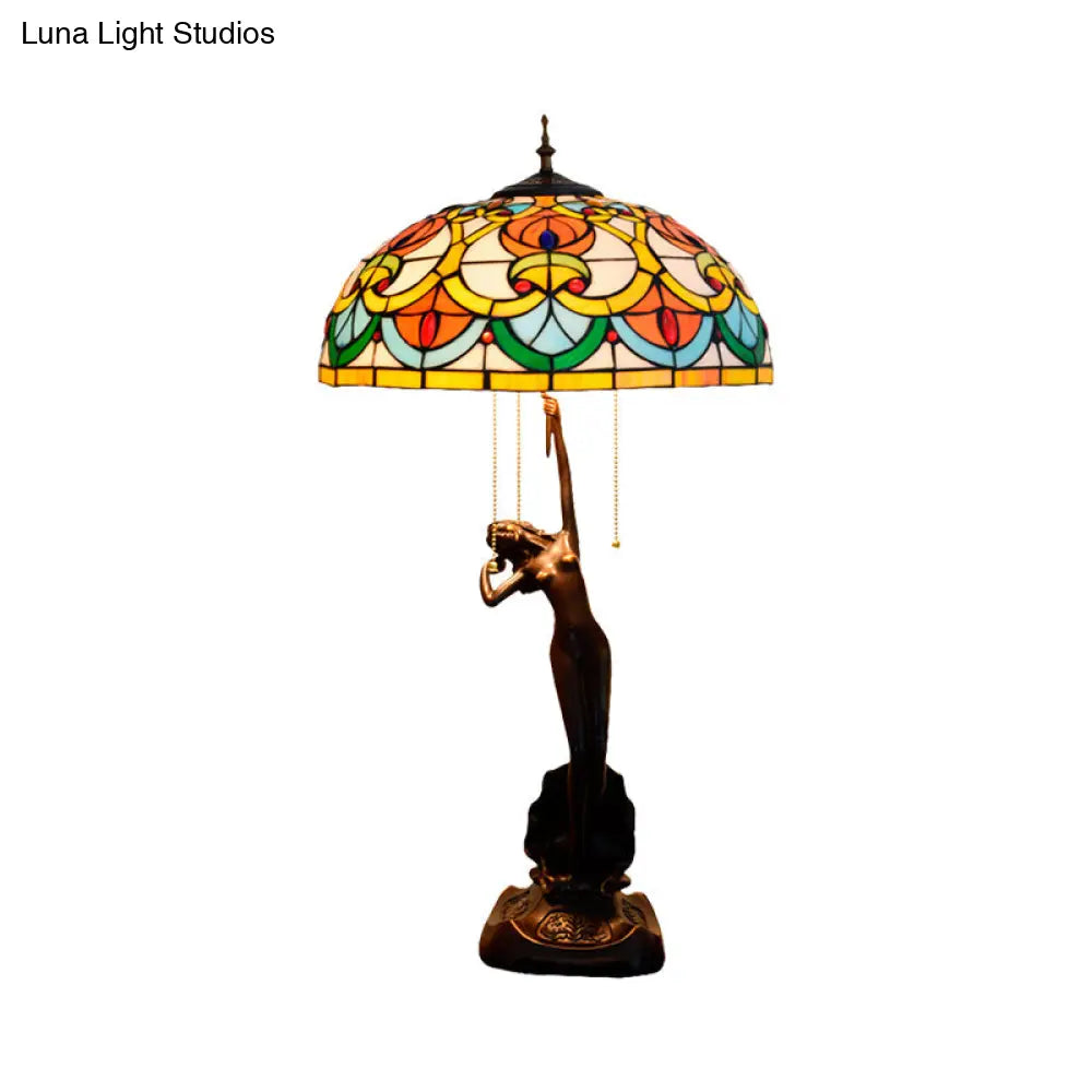 Victorian Style Glass Bowl Night Light In Orange/Yellow With Pull Chain And Girl Base - Black Table