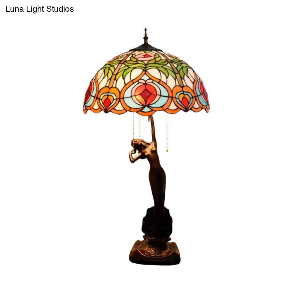 Victorian Style Glass Bowl Night Light In Orange/Yellow With Pull Chain And Girl Base - Black Table