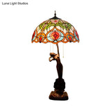 Victorian Style Glass Bowl Night Light In Orange/Yellow With Pull Chain And Girl Base - Black Table