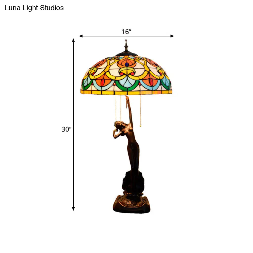 Victorian Style Glass Bowl Night Light In Orange/Yellow With Pull Chain And Girl Base - Black Table