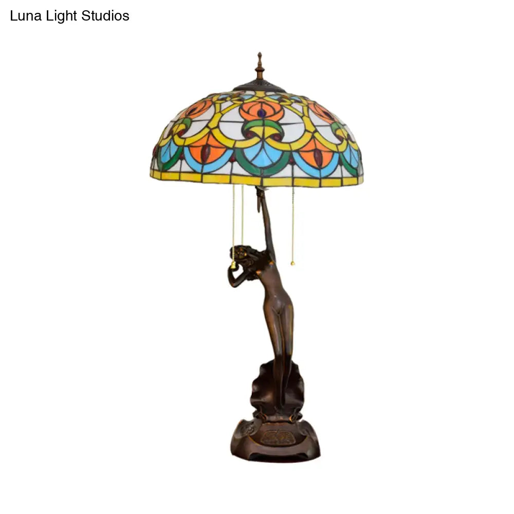 Victorian Style Glass Bowl Night Light In Orange/Yellow With Pull Chain And Girl Base - Black Table