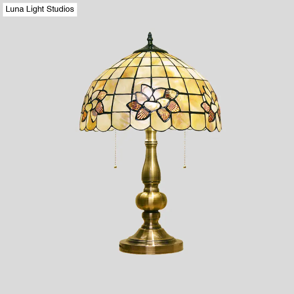 Victorian Style Lotus Blossom Table Lamp - Gridded & 2-Light Shell Design W/ Pull Chain Brushed