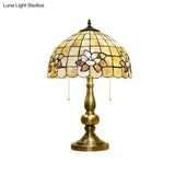 Victorian Style Lotus Blossom Table Lamp - Gridded & 2-Light Shell Design W/ Pull Chain Brushed