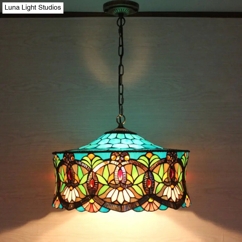 Victorian-Style Stained Glass Drum Pendant Light For Living Room - 18’ W
