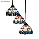 Victorian Tiffany Stained Glass Pendant Light With 3-Bulb Suspension - Blue For Living Room