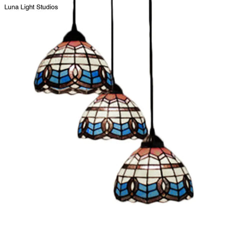Victorian Tiffany Stained Glass Pendant Light With 3-Bulb Suspension - Blue For Living Room