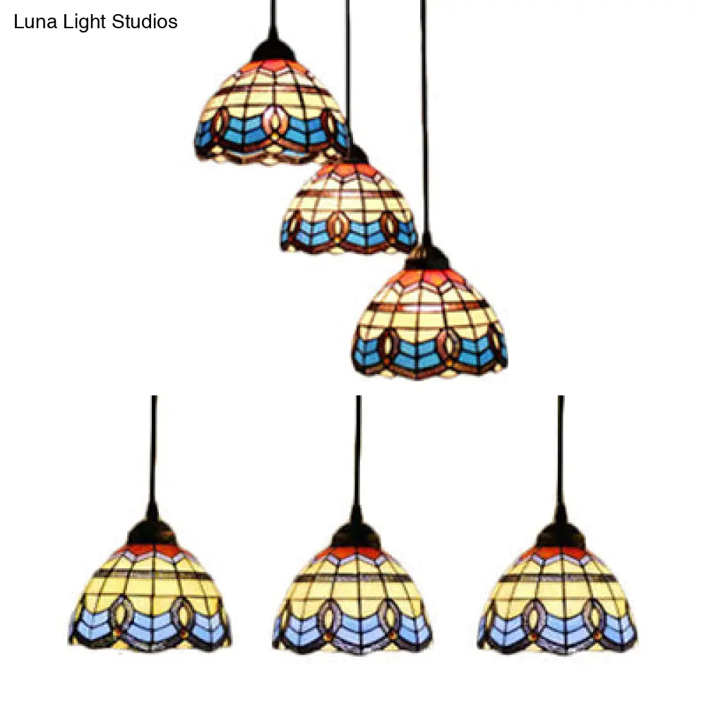 Victorian Tiffany Stained Glass Pendant Light With 3-Bulb Suspension - Blue For Living Room